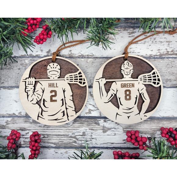 Stadium Spotlight LACROSSE 2 Layered Wooden Personalized Christmas Ornament Gift - Picture 1 of 7